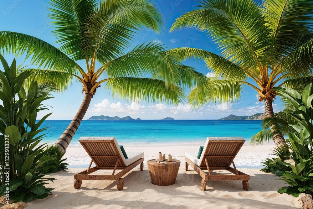 Fototapeta premium Tropical Beach Retreat with Lifelike Exotic Palm Fronds in a Serene Paradise