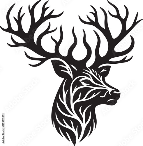 A deer head with detailed antler branching silhouette vector black