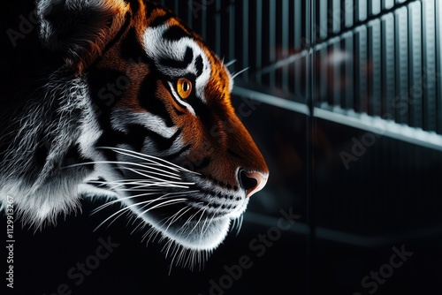 Side profile of a Bengal tiger in a dark, modern setting with glowing orange eyes photo