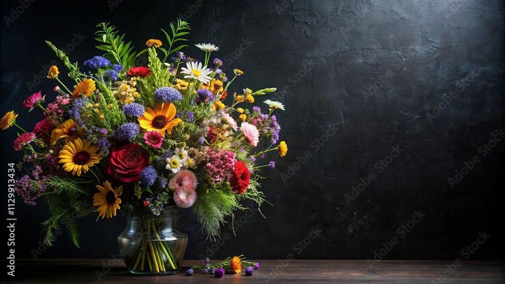Fototapeta premium Vibrant Summer Bouquet in a Clear Glass Vase Against a Dark Background