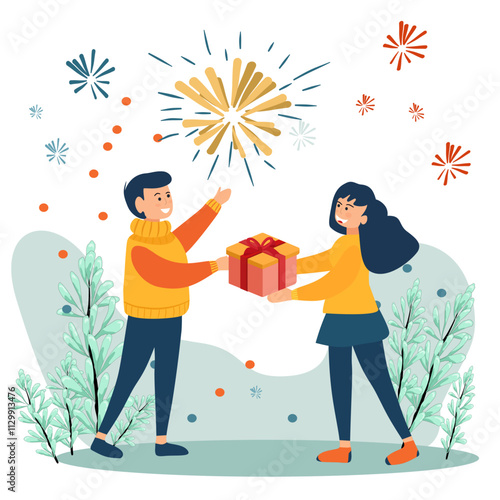Young people hold gift boxes and give them to each other. In the theme of New Year festival, Christmas