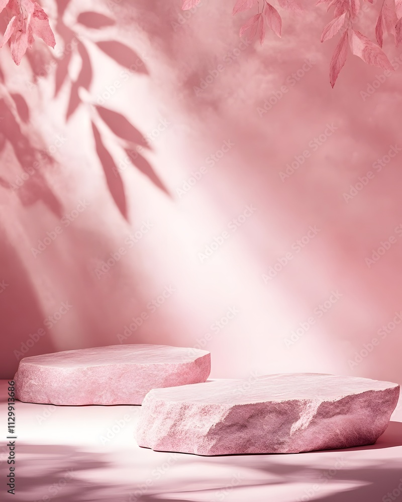 A serene, minimalist scene featuring pink rocks and soft shadows, evoking calmness. A serene, minimalist scene featuring pink rocks and soft shadows, evoking calmness.