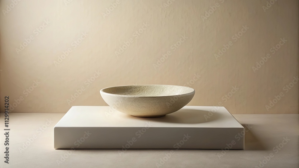 A simple, elegant beige bowl rests on a pristine white pedestal against a muted background A simple, elegant beige bowl rests on a pristine white pedestal against a muted background