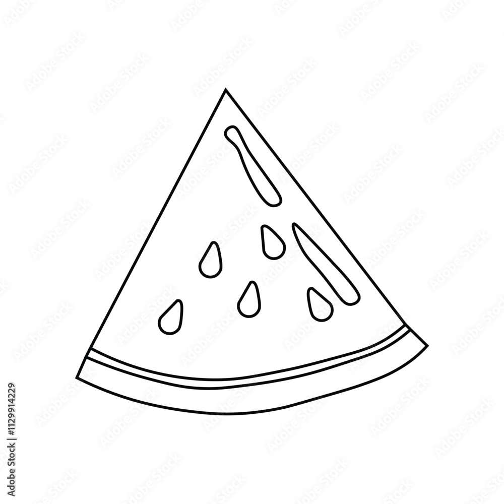 Vector image of a watermelon slice with seeds, featuring an appealing linear illustration. Perfect for coloring, ideal for summer banners, showcasing the refreshing fruit Vector image of a watermelon slice with seeds, featuring an appealing linear illustration. Perfect for coloring, ideal for summer banners, showcasing the refreshing fruit