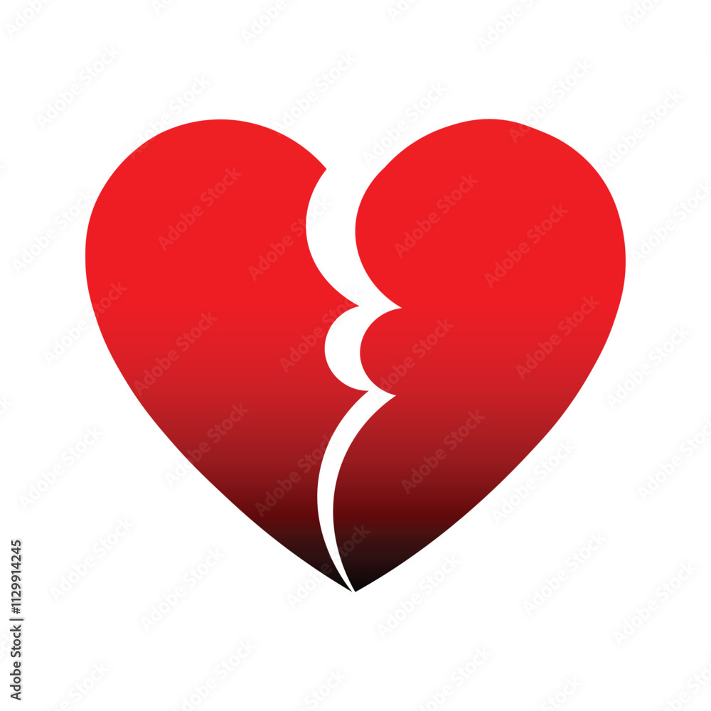Vector image of a broken heart symbol, featuring a red heart split into two pieces. This illustration represents feelings of heartbreak, regret, and sadness in a tragic relationship Vector image of a broken heart symbol, featuring a red heart split into two pieces. This illustration represents feelings of heartbreak, regret, and sadness in a tragic relationship
