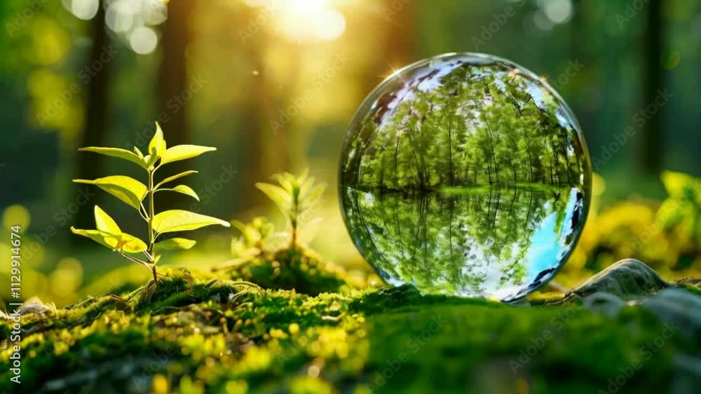 Crystal ball reflecting forest scene on mossy ground with new plants. Crystal ball reflecting forest scene on mossy ground with new plants.