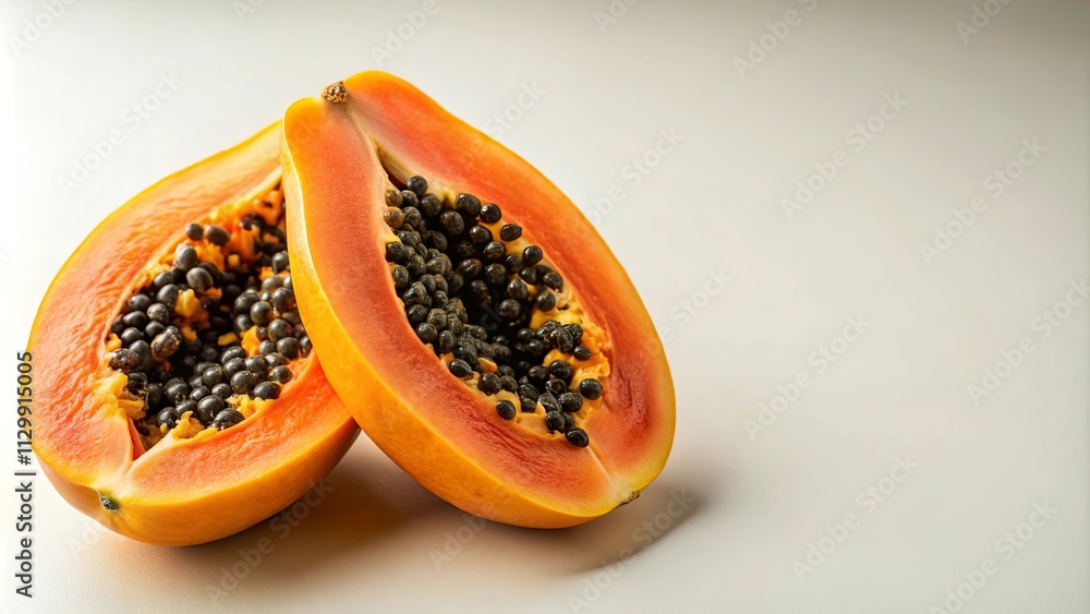 Two halves of a ripe papaya showcasing its vibrant orange flesh and numerous dark seeds against a bright, neutral background Two halves of a ripe papaya showcasing its vibrant orange flesh and numerous dark seeds against a bright, neutral background