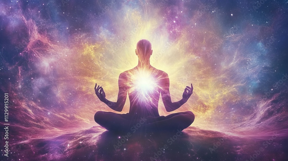 A person meditates with a glowing light emanating from their heart, set against a vibrant cosmic backdrop. The abstract and mystical setting suggests inner peace, spiritual energy, and connection with A person meditates with a glowing light emanating from their heart, set against a vibrant cosmic backdrop. The abstract and mystical setting suggests inner peace, spiritual energy, and connection with