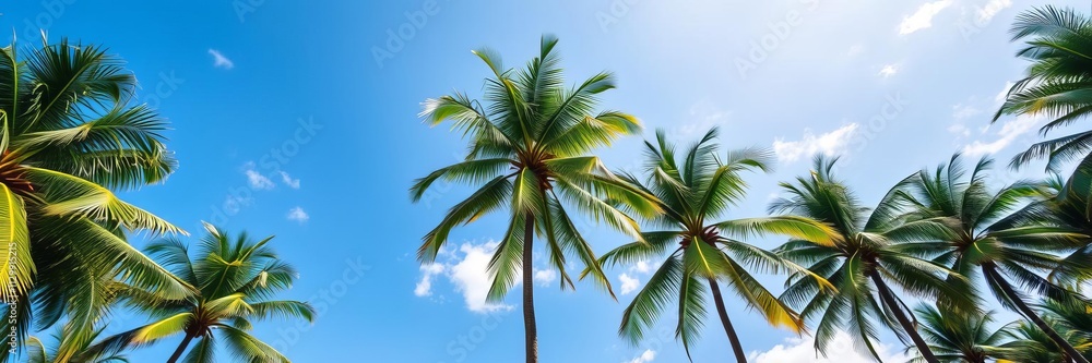 Looking up at tall coconut palm trees against a clear blue sky backdrop with fluffy white clouds, green, clouds Looking up at tall coconut palm trees against a clear blue sky backdrop with fluffy white clouds, green, clouds