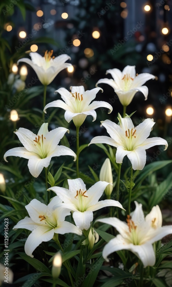 Fototapeta premium White lilies surrounded by beautiful bokeh lights in the garden, closeup, atmospheric