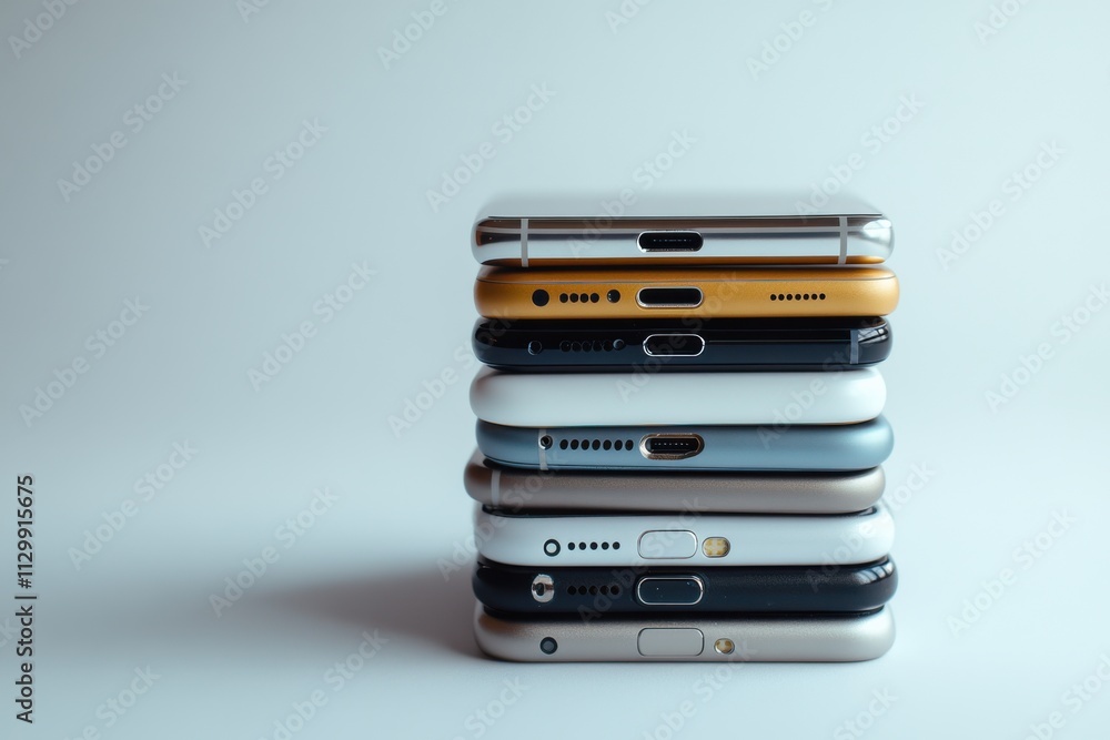 Neatly Stacked Phones on Clean White Background Neatly Stacked Phones on Clean White Background