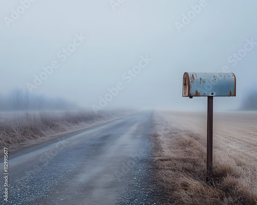 A solitary mailbox stands beside a foggy, empty road in a tranquil rural landscape. photo