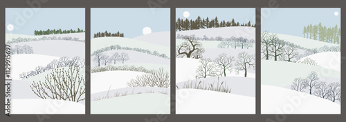 vector drawing winter landscapes with snow, sun and trees, hand drawn illustrations, set of card designs