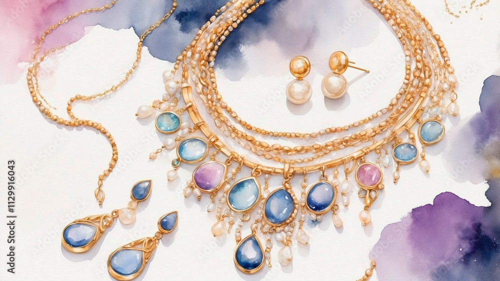 Elegant jewelry accessories featuring pearls and gemstones on a colorful watercolor background with copy space Elegant jewelry accessories featuring pearls and gemstones on a colorful watercolor background with copy space