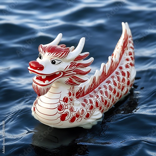 A clean white-style image of A Chinese New Year dragon boat floating on a calm river.  photo