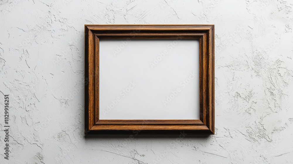 An unadorned wooden frame rests against a softly textured white wall, patiently awaiting a special image. Its elegant design suggests a story untold, ready to showcase treasured memories An unadorned wooden frame rests against a softly textured white wall, patiently awaiting a special image. Its elegant design suggests a story untold, ready to showcase treasured memories