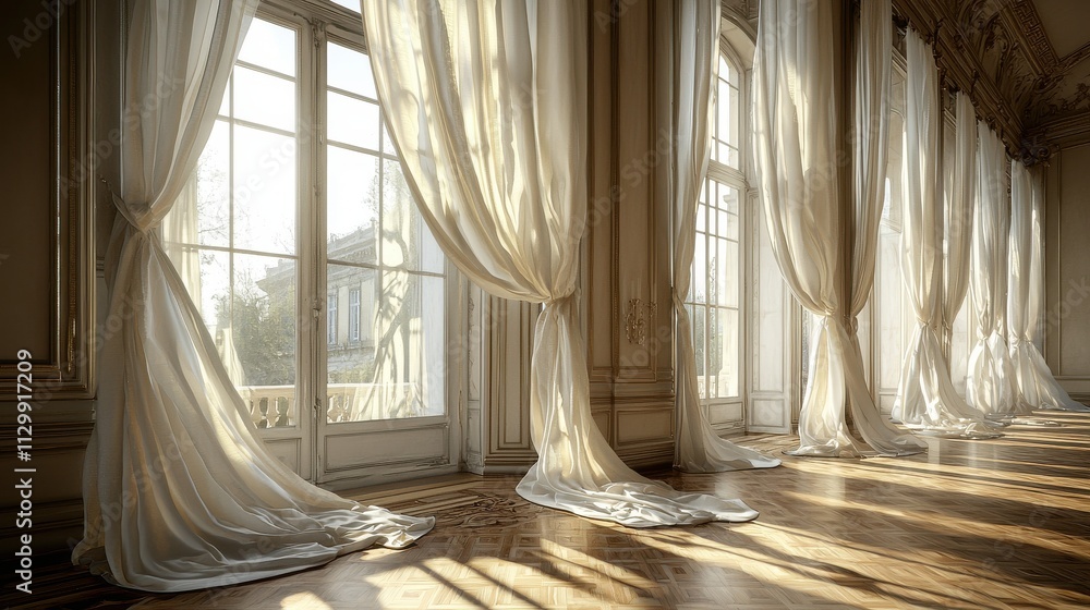 Elegant silk curtains adorning luxurious windows opulent room interior design bright natural light timeless beauty