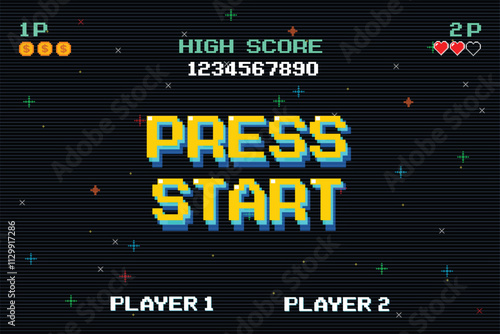 PRESS START. INSERT A COIN TO CONTINUE. pixel art .8 bit game. retro game. for game assets .Retro Futurism Sci-Fi Background. glowing neon grid. and stars from vintage arcade computer games