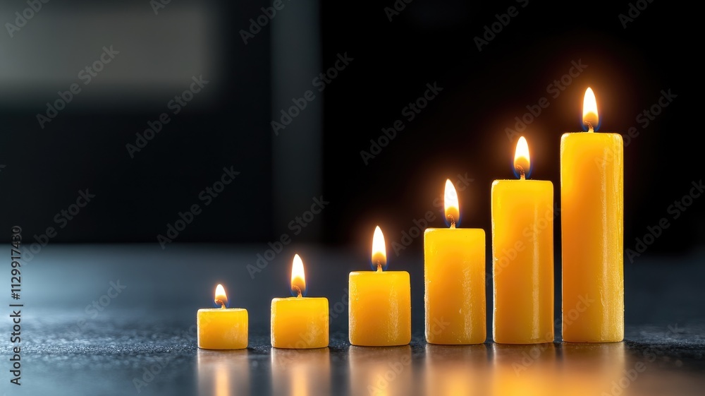 Six yellow candles of varying heights lit and arranged in ascending order on reflective surface Six yellow candles of varying heights lit and arranged in ascending order on reflective surface
