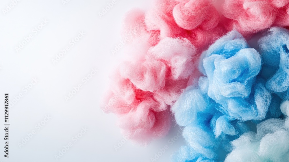 Fluffy pink and blue cotton candy clouds against white background Fluffy pink and blue cotton candy clouds against white background