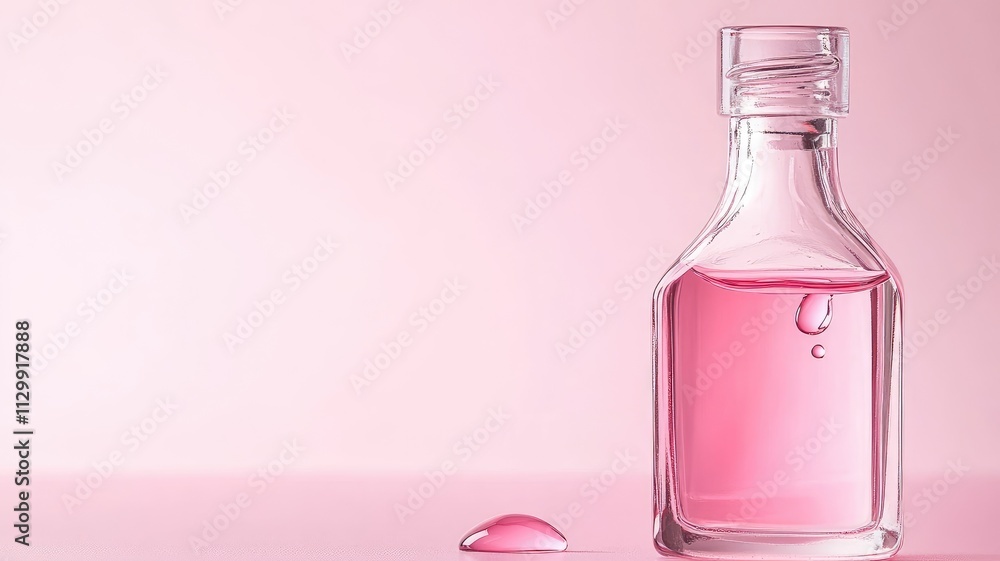 Clear bottle filled with pink liquid on background Clear bottle filled with pink liquid on background