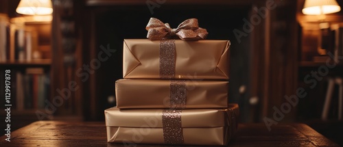 A stack of wrapped Christmas presents with shiny bows in front of a fireplace. Soft light illuminates the gifts, Generative AI  photo