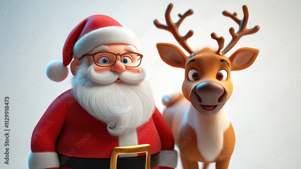 Santa Claus, Rudolf reindeer portrayed on plain white background. Cartoon characters with friendly expressions. Image could used for Christmas merchandise holiday promotions. Photo suitable for range Santa Claus, Rudolf reindeer portrayed on plain white background. Cartoon characters with friendly expressions. Image could used for Christmas merchandise holiday promotions. Photo suitable for range