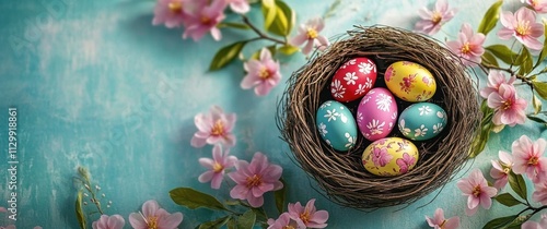 Banner of renewal spring time theme. Cheerful easter concept showcasing colorful eggs nestled in a nest surrounded by vibrant spring blossoms. Easter setting space for text