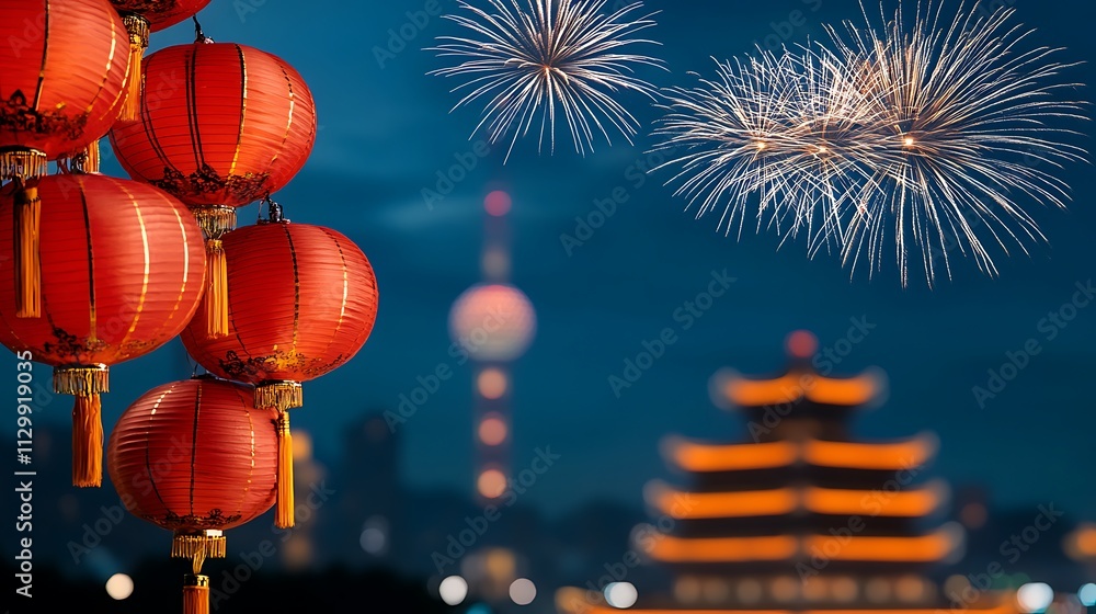 Obraz premium A clean white-style image of A festive scene of fireworks bursting over a Chinese temple. 