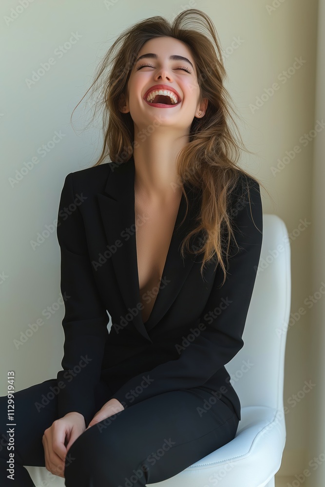 Young woman in black suit sits joyfully. She laughs heartily. Modern style. Indoor shot. Business woman. Fashion photo. Positive emotion. Happy moment. Stylish look. Young woman in black suit sits joyfully. She laughs heartily. Modern style. Indoor shot. Business woman. Fashion photo. Positive emotion. Happy moment. Stylish look.