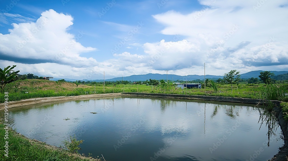 Wide View of a Fish Farm Pond with Calm Water Surface, Aquaculture Environment, and Natural Surroundings in High Resolution Wide View of a Fish Farm Pond with Calm Water Surface, Aquaculture Environment, and Natural Surroundings in High Resolution