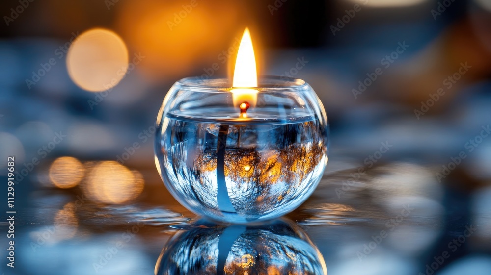 Small candle in glass container burning with bright flame, reflecting light and creating warm ambiance Small candle in glass container burning with bright flame, reflecting light and creating warm ambiance