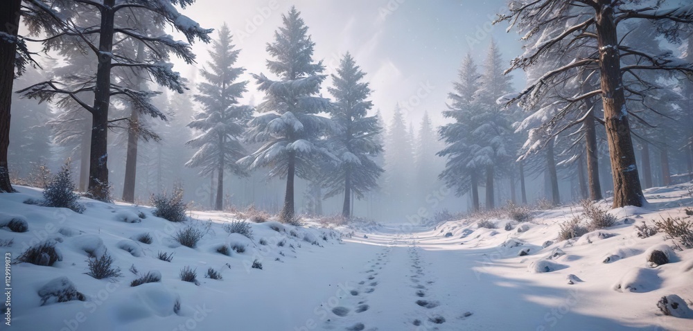 Magical winter scene with snow falling softly, serene, winter wonderland Magical winter scene with snow falling softly, serene, winter wonderland