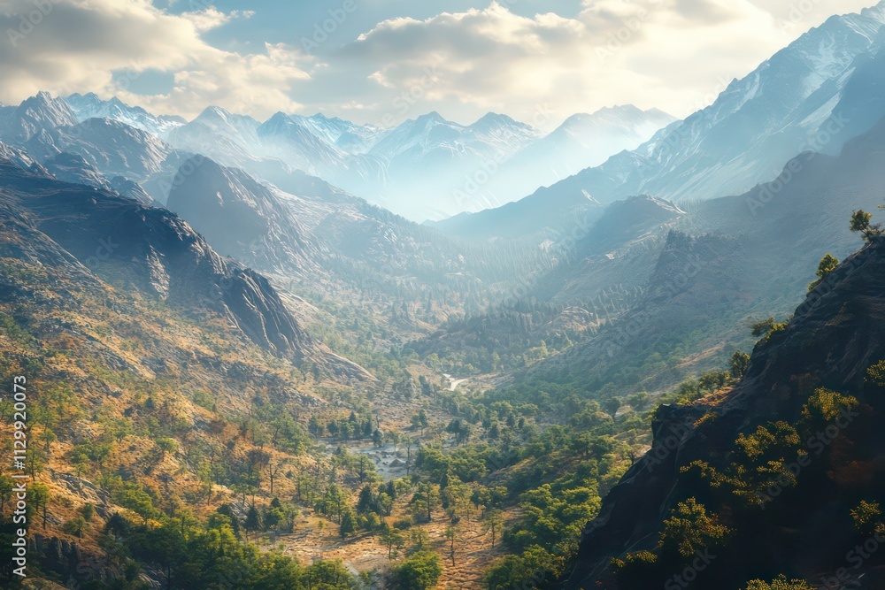 A bird's-eye view of a forest-covered valley surrounded by towering mountains, showcasing the vastness of nature's beauty. A bird's-eye view of a forest-covered valley surrounded by towering mountains, showcasing the vastness of nature's beauty.