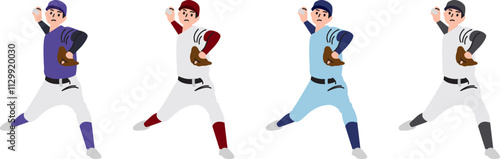 様々なユニフォームでピッチングをする野球のピッチャー