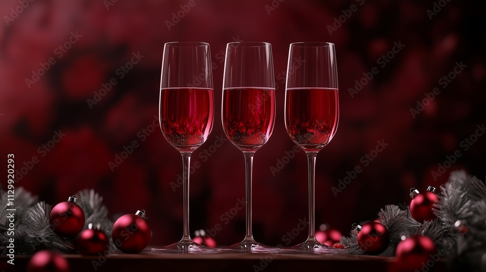 Elegant Champagne Glasses with Christmas Baubles for Festive Celebrations Elegant Champagne Glasses with Christmas Baubles for Festive Celebrations