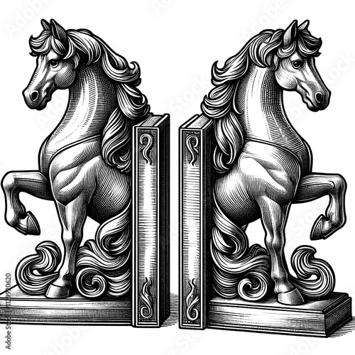 A pair of decorative bookends shaped like horses, line sketch engraving, white background. photo