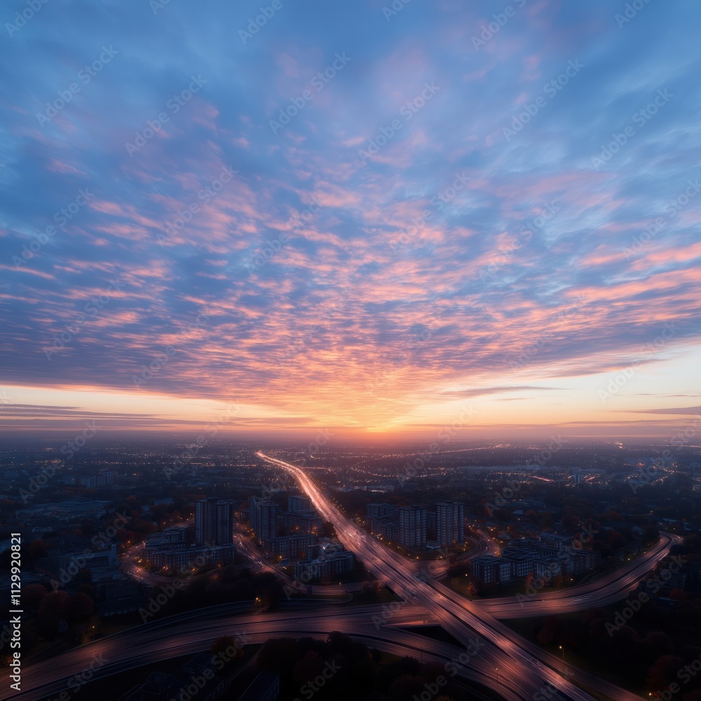 Fototapeta premium Aerial view of Birmingham city centre at sunrise. Highway network intersects apartment blocks. City lights visible below. Colorful sunrise sky. Urban landscape. Traffic flows on roads. Morning light.