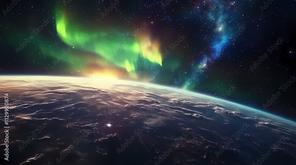 Mesmerizing view of the aurora borealis from space, displaying vibrant colors over the earth with a starry galaxy background. Aurorae. Illustration Mesmerizing view of the aurora borealis from space, displaying vibrant colors over the earth with a starry galaxy background. Aurorae. Illustration