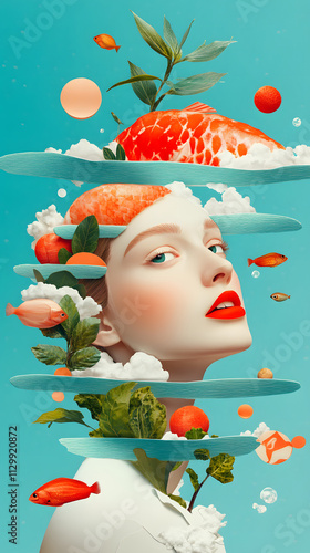  A woman's head with fish and vegetables floating in the sky, collage art style, light blue background, red lips, orange fruit slices, green leaves, clouds around her face, surrealistic, koi fish swim photo