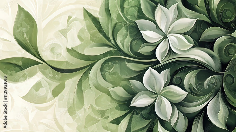 Abstract floral design with green and white flowers and leaves on a light background. Abstract floral design with green and white flowers and leaves on a light background.