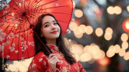A young woman dressed in traditional red Chinese New Year attire holding a vibrant red paper umbrella