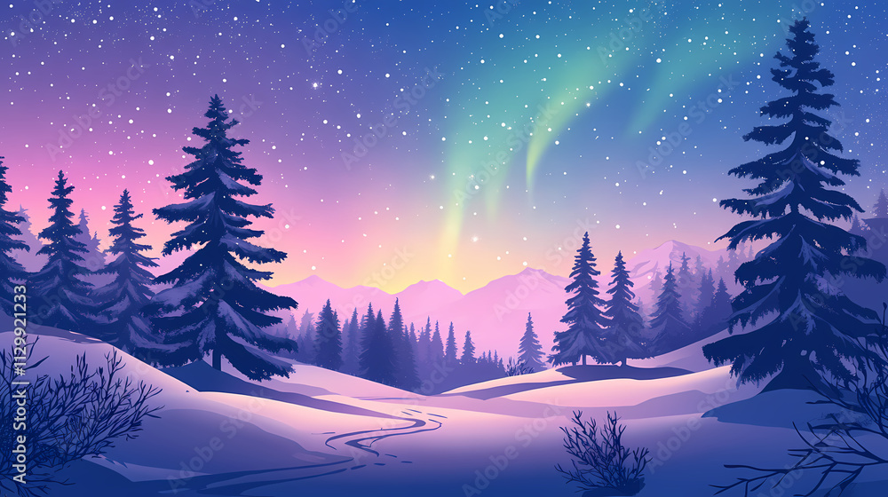 Panoramic winter arctic landscape illuminated by stunning aurora borealis northern lights. Aurorae. Illustration Panoramic winter arctic landscape illuminated by stunning aurora borealis northern lights. Aurorae. Illustration