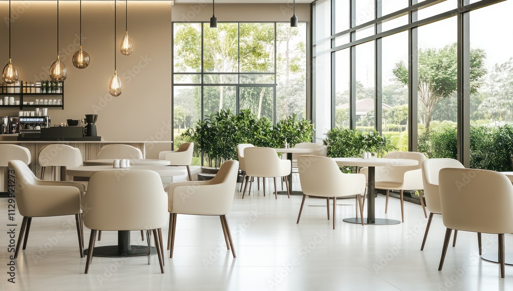 Fototapeta premium Modern Cafe Interior with Light and Airy Atmosphere