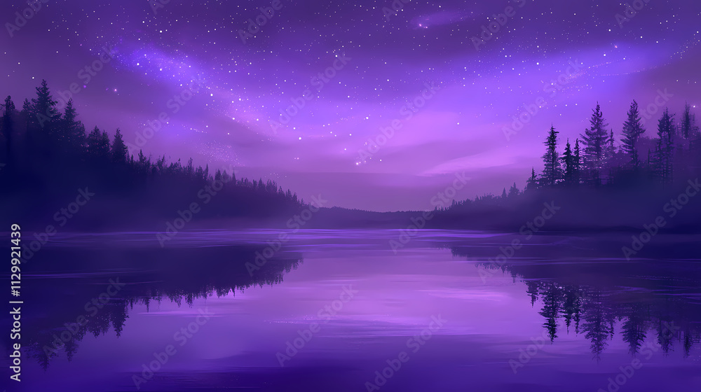 Purple aurora borealis over a calm lake. Aurorae. Illustration Purple aurora borealis over a calm lake. Aurorae. Illustration