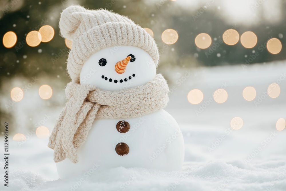 Cute snowman decoration stands in snow. Festive Christmas lights softly glow in background. Snowy winter scene. Cozy holiday. Winter wonderland. Adorable snowman. Christmas time. Snowy. Festive. Cute snowman decoration stands in snow. Festive Christmas lights softly glow in background. Snowy winter scene. Cozy holiday. Winter wonderland. Adorable snowman. Christmas time. Snowy. Festive.