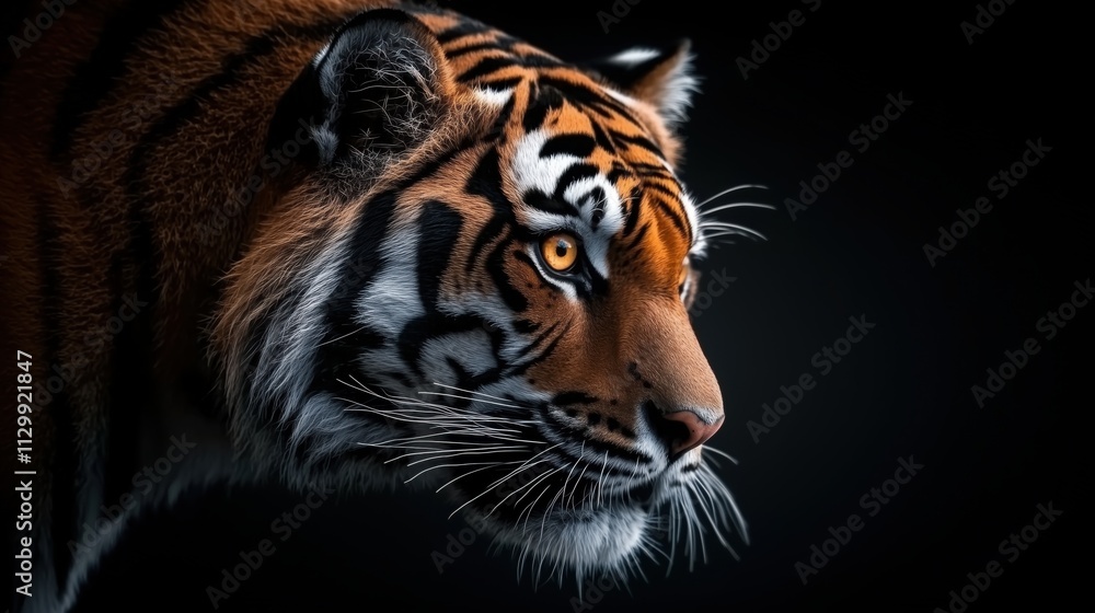 Fototapeta premium Side profile of a Bengal tiger in low-key lighting against a dark background