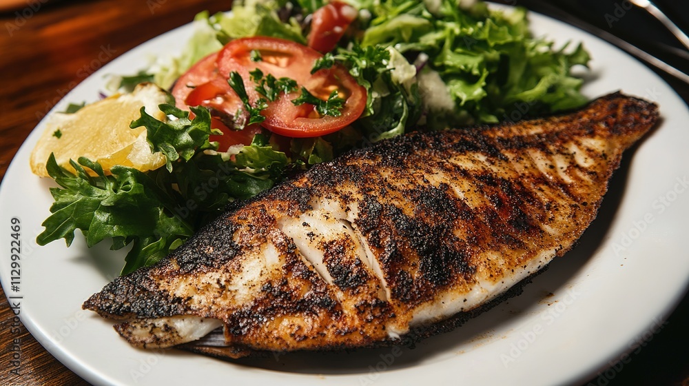 Crispy Fried Fish Served on a Plate with Fresh Salad, Tomatoes, and Artistic Smoke Garnish for Elegant Food Presentation Crispy Fried Fish Served on a Plate with Fresh Salad, Tomatoes, and Artistic Smoke Garnish for Elegant Food Presentation