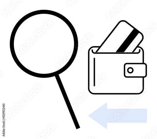 Magnifying glass next to wallet containing a credit card, leftward arrow below. Ideal for finance, security, payment processing, identification, business analysis, online shopping, bank services