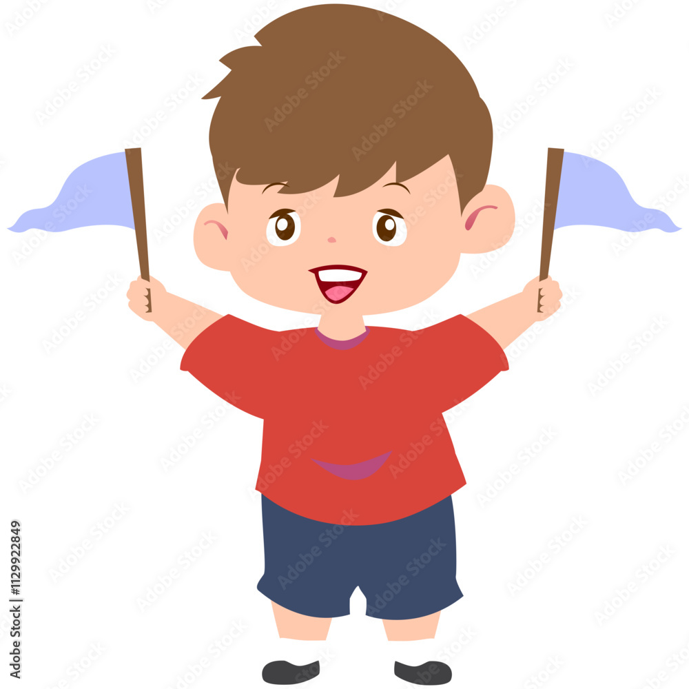 Cheerful Boy Holding Flags, Design Inspiration, Character Cheerful Boy Holding Flags, Design Inspiration, Character